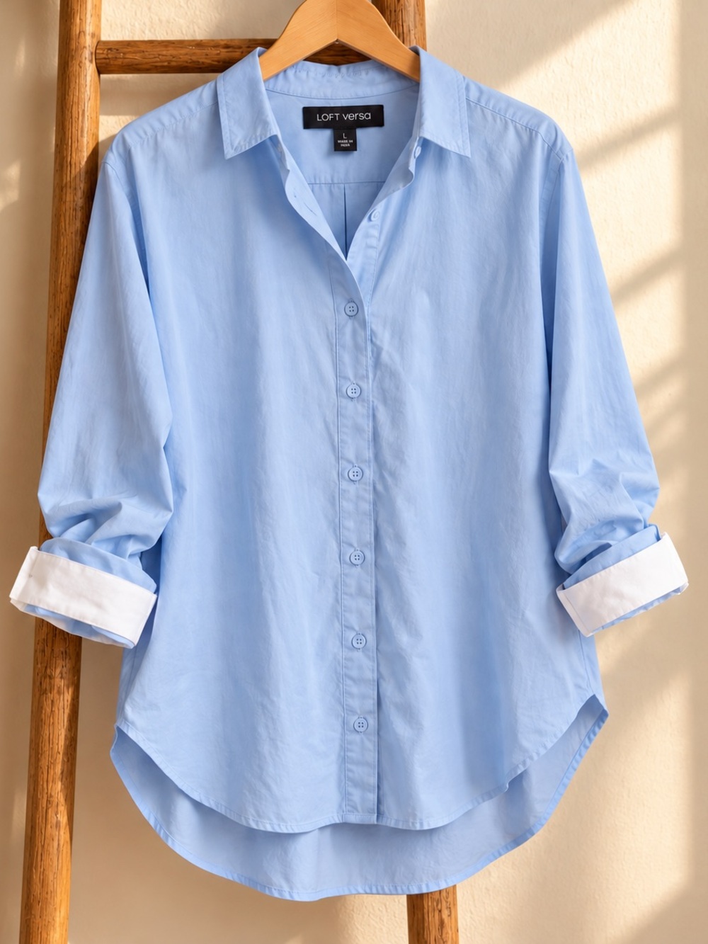 LOFT Versa Women’s Large Light Blue Button Down Tunic Shirt High Low Hem